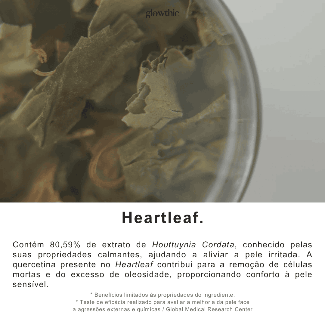 Essência leve e refrescante com extrato de Houttuynia Cordata. Ingredientes naturais destacados ao lado do produto.
