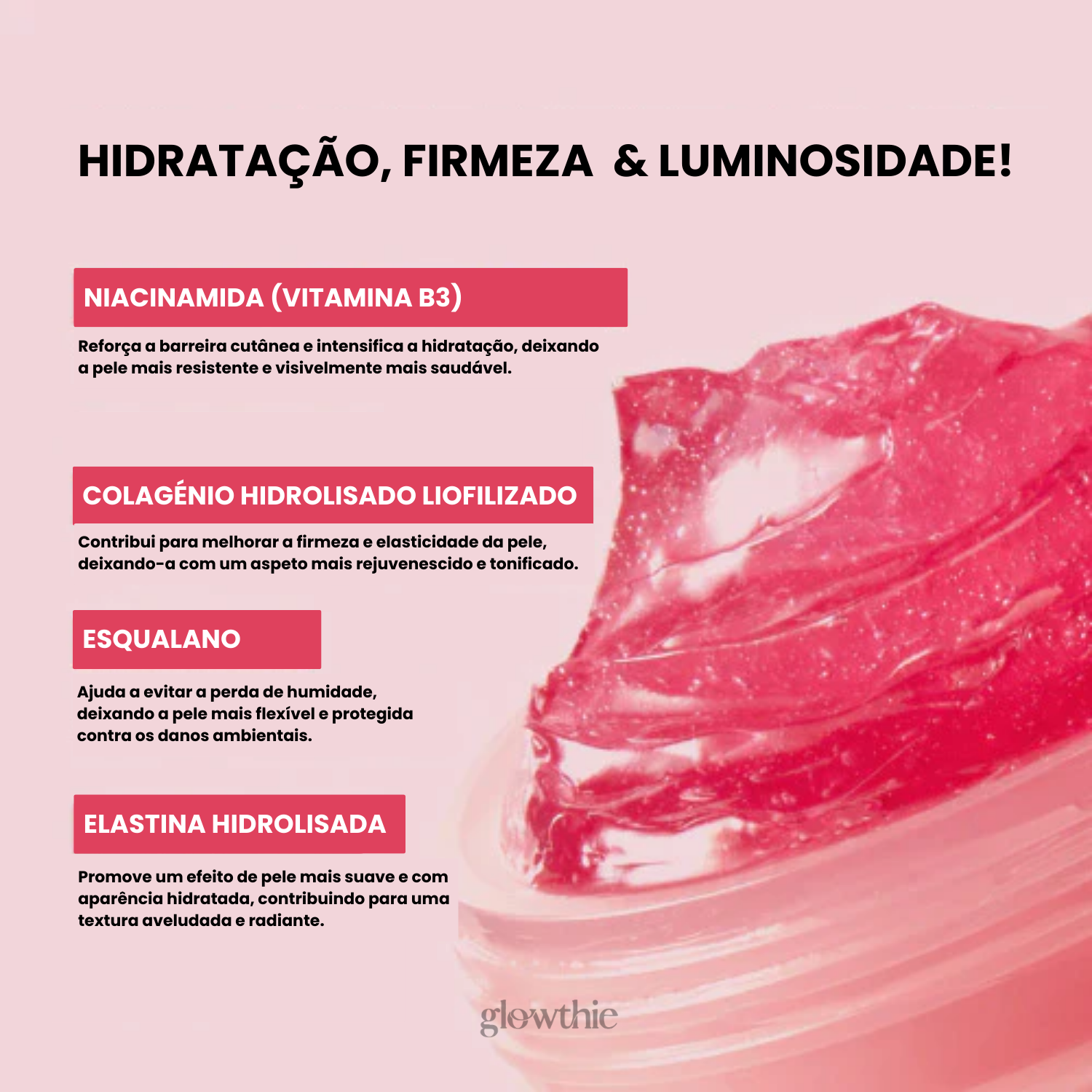 Creme coreano antienvelhecimento Glowthie em frasco transparente, com foco em colagénio e niacinamida