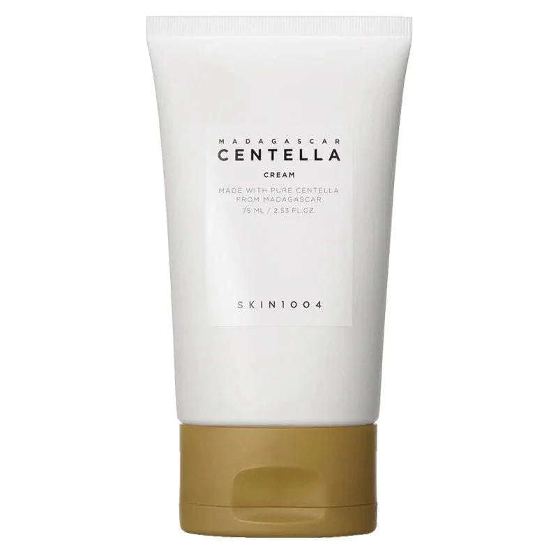 Creme facial SKIN1004 Centella Madagascar em embalagem branca e tampa dourada, 75ml, cosmético coreano.