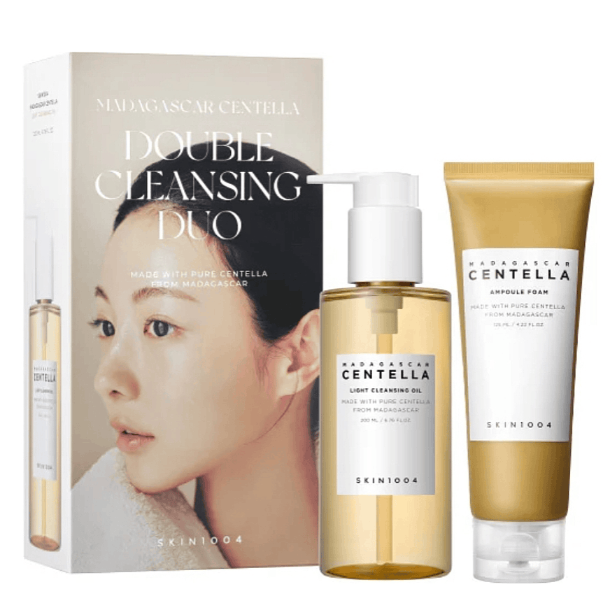 Imagem do conjunto SKIN1004 Double Cleansing Duo com óleo e espuma.
