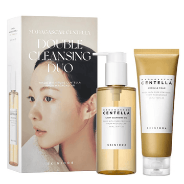 Imagem do conjunto SKIN1004 Double Cleansing Duo com óleo e espuma.
