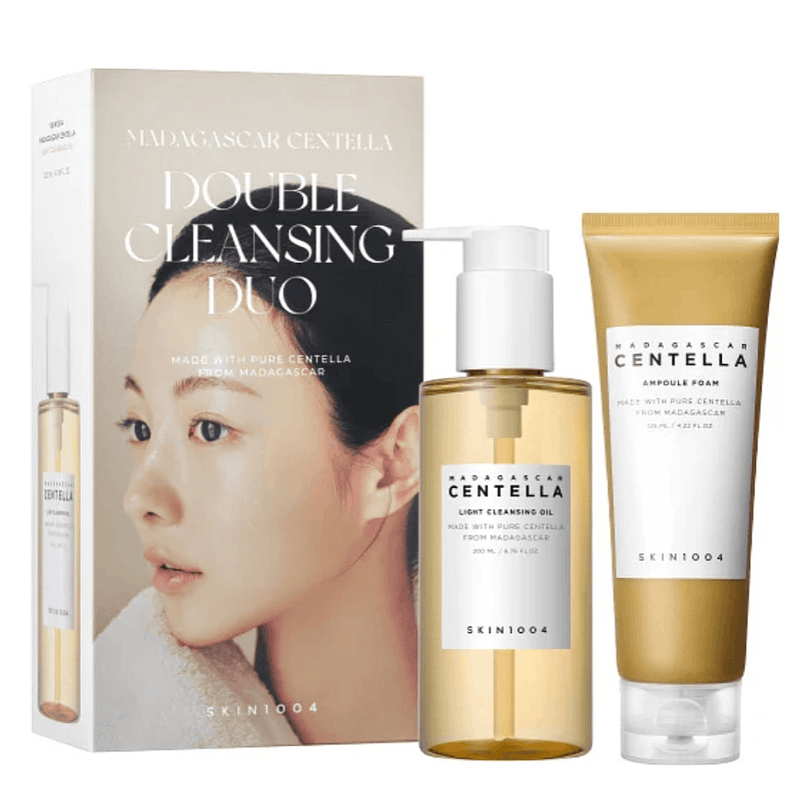 Imagem do conjunto SKIN1004 Double Cleansing Duo com óleo e espuma.
