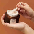 Mãos seguram o Madagascar Centella Probio-Cica Enrich Cream da SKIN1004 um frasco castanho de creme de cuidados de pele sobre um fundo castanho quente. Uma espátula com creme suave é mergulhada no frasco, transmitindo uma sensação de luxo.