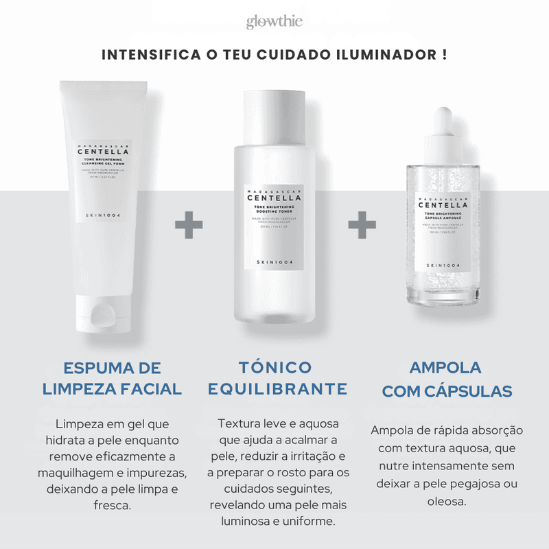Aplicação dos produtos Madagascar Centella tone brightening para tonificar, acalmar e iluminar a pele de forma natural e eficaz - disponível na Glowthie.