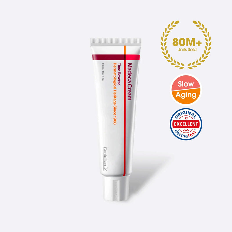 Um tubo de Madeca Cream Time Reverse da Centellia24 - marca coreana - sobre um fundo branco. Apresenta texto em vermelho e uma faixa laranja. Os destaques no rótulo incluem “80M+ unidades vendidas” e “Envelhecimento lento”. 