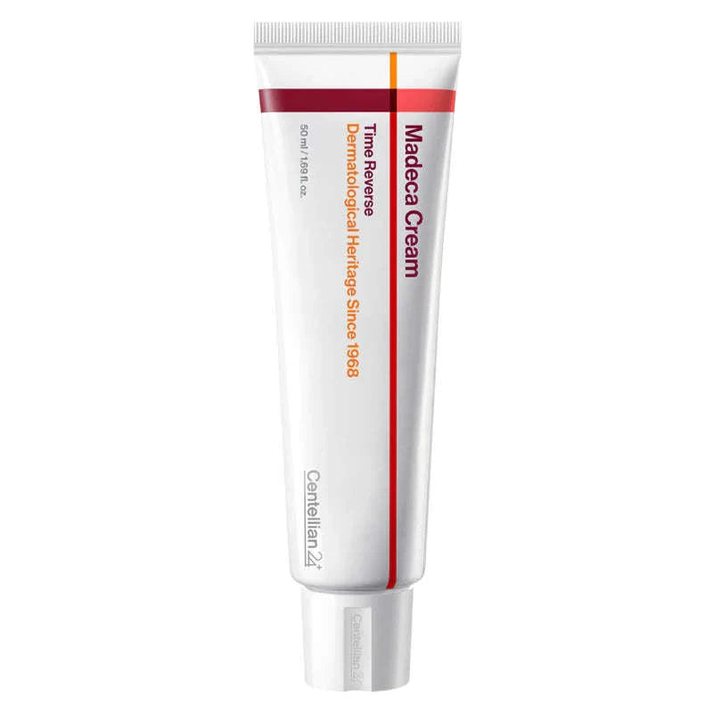 Um tubo branco identificado como “Madeca Cream”, com uma faixa vermelha e laranja, destacando a mensagem “Time Reverse, Dermatological Heritage since 1968”. O tom é clínico e profissional. Da marca Centelli