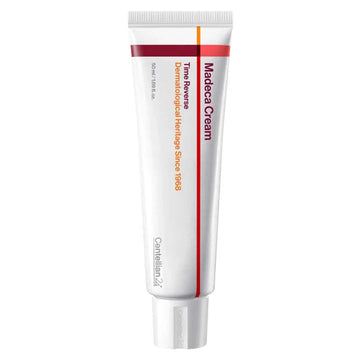 Um tubo branco identificado como “Madeca Cream”, com uma faixa vermelha e laranja, destacando a mensagem “Time Reverse, Dermatological Heritage since 1968”. O tom é clínico e profissional. Da marca Centelli