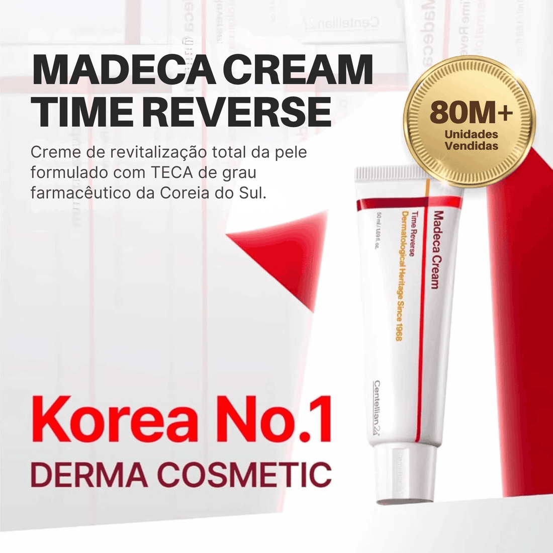 Um tubo branco identificado como “Madeca Cream”, com uma faixa vermelha e laranja, destacando a mensagem “Time Reverse, Dermatological Heritage since 1968”. O tom é clínico e profissional. Da marca Centelli