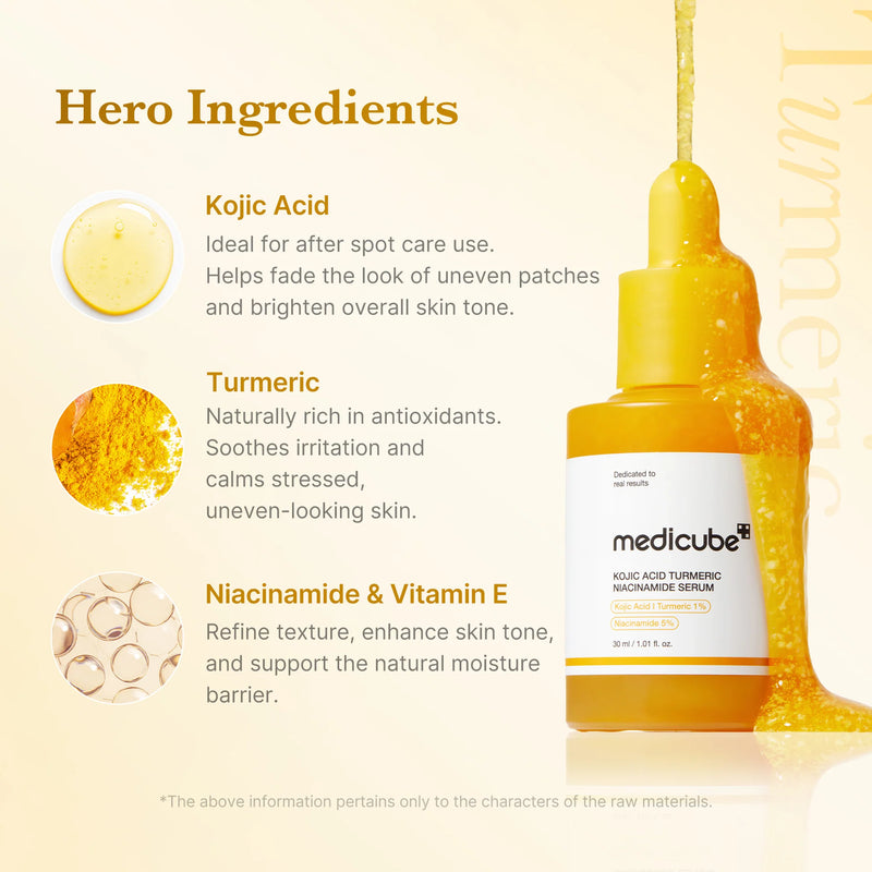 Kojic Acid Turmeric Niacinamide Serum da medicube - ingredientes chave e os beeneficios nas manchas e hiperpigmentação