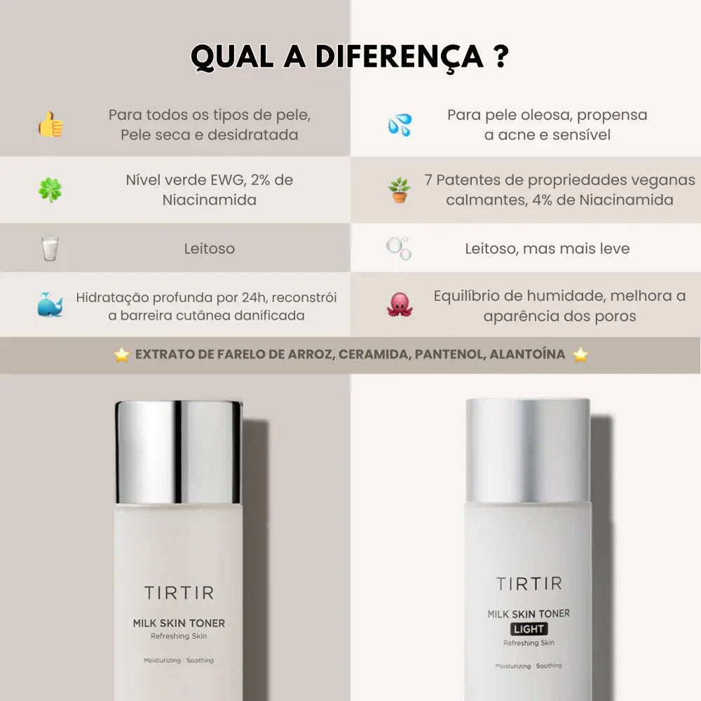 Comparação entre TIRTIR Milk Skin Toner e Milk Skin Toner Light, ambos hidratantes coreanos para diferentes tipos de pele.