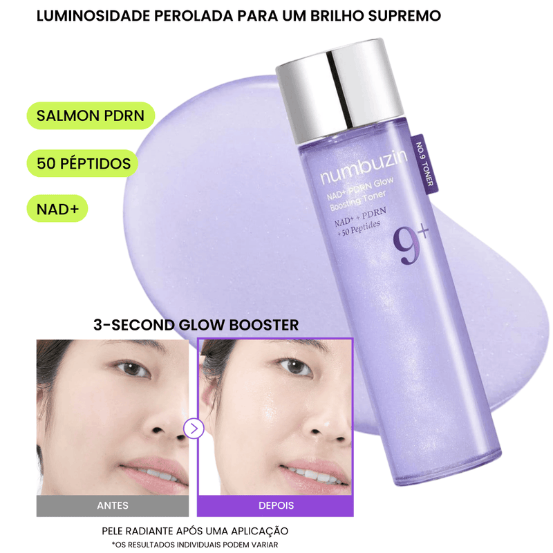 Aplicação do tónico Numbuzin No.9 Glow Boosting no rosto - efeitos antes e depois
