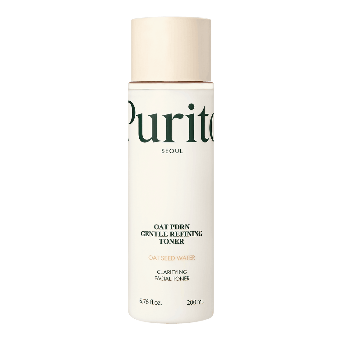 Uma garrafa cilíndrica do Purito Oat PDRN Gentle Refining Toner sobre um fundo preto. O rótulo apresenta texto em verde e destaca “Água de Semente de Aveia”.