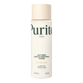 Uma garrafa cilíndrica do Purito Oat PDRN Gentle Refining Toner sobre um fundo preto. O rótulo apresenta texto em verde e destaca “Água de Semente de Aveia”.