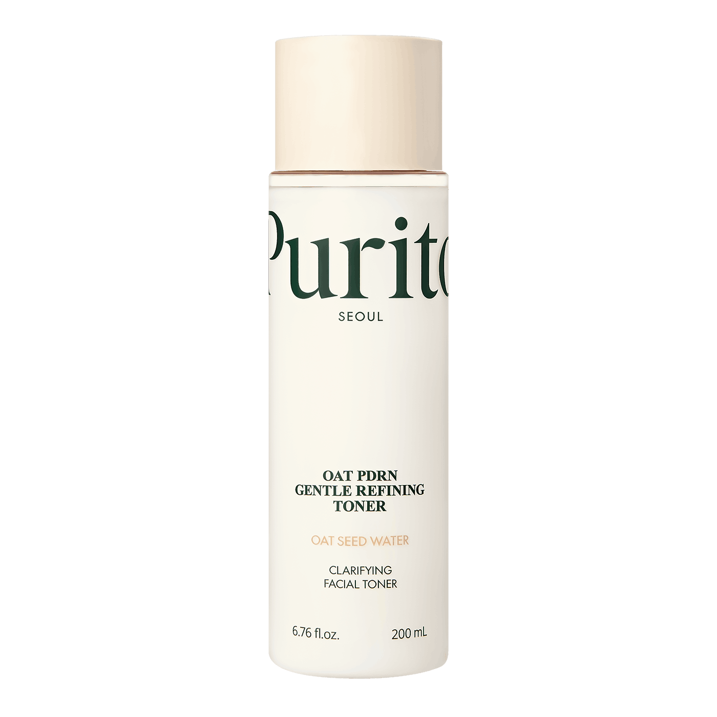 Uma garrafa cilíndrica do Purito Oat PDRN Gentle Refining Toner sobre um fundo preto. O rótulo apresenta texto em verde e destaca “Água de Semente de Aveia”.