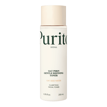 Uma garrafa cilíndrica do Purito Oat PDRN Gentle Refining Toner sobre um fundo preto. O rótulo apresenta texto em verde e destaca “Água de Semente de Aveia”.
