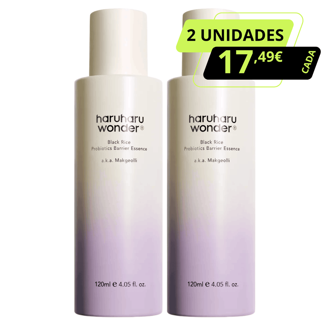 pack promocional de 2 unidades: Black Rice Probiotics Barrier Essence da Haruharu Wonder. Cada unidade 17.49€