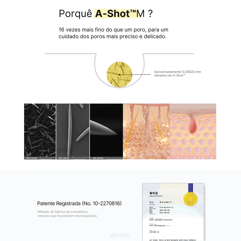 Ilustração mostrando a tecnologia A-Shot™ M. Inclui imagens ampliadas de estruturas finas menores que poros, destacando a precisão nos cuidados com a pele. O nº da patente 10-2270816 também é exibido, indicando um método patenteado de cosmético natural