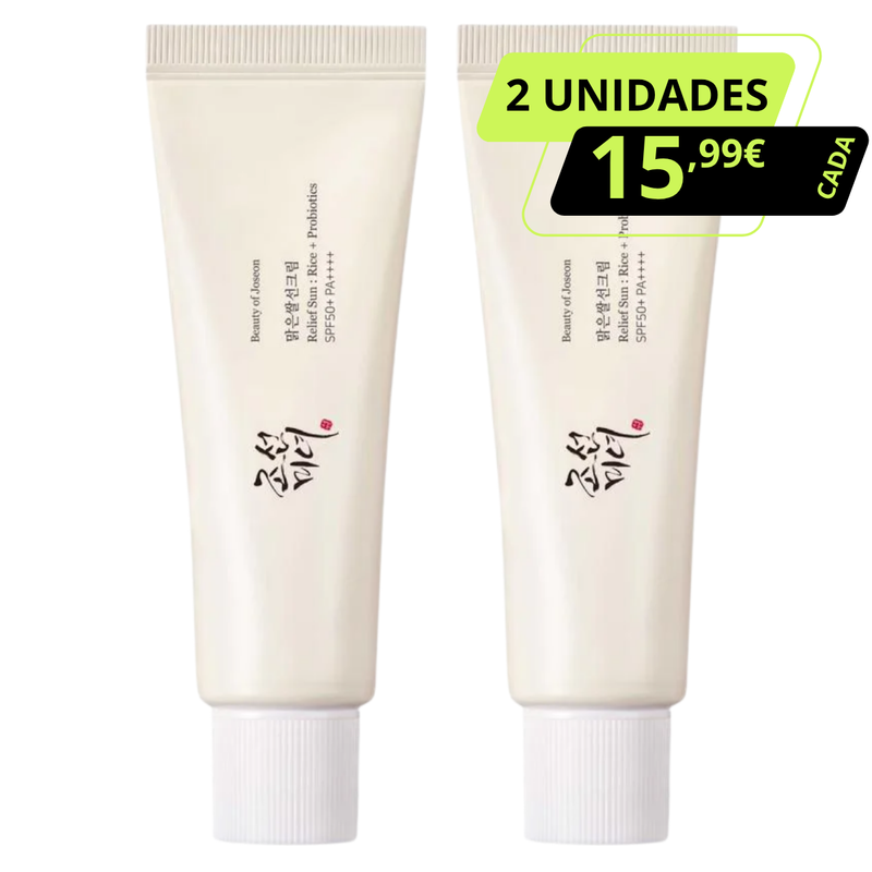 pack promocional de Relief Sun Rice Probiotics - SPF50+ PA+ - 2 unidades em que 15.99€ a unidade. Beauty of Joseon.