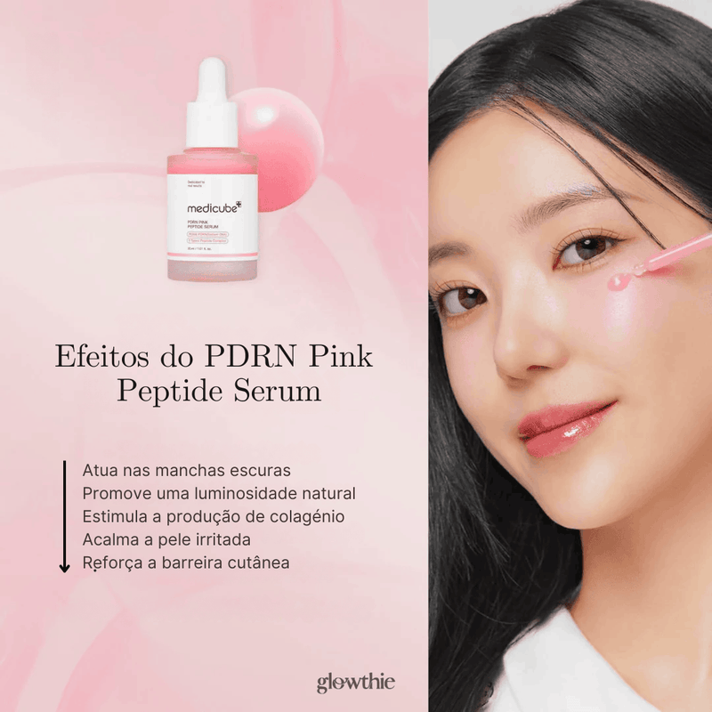 efeitos do PDRN Frasco do Medicube PDRN Pink Peptide Serum Glowthie em cenário minimalista, Loja de Cosmética Coreana em Portugal