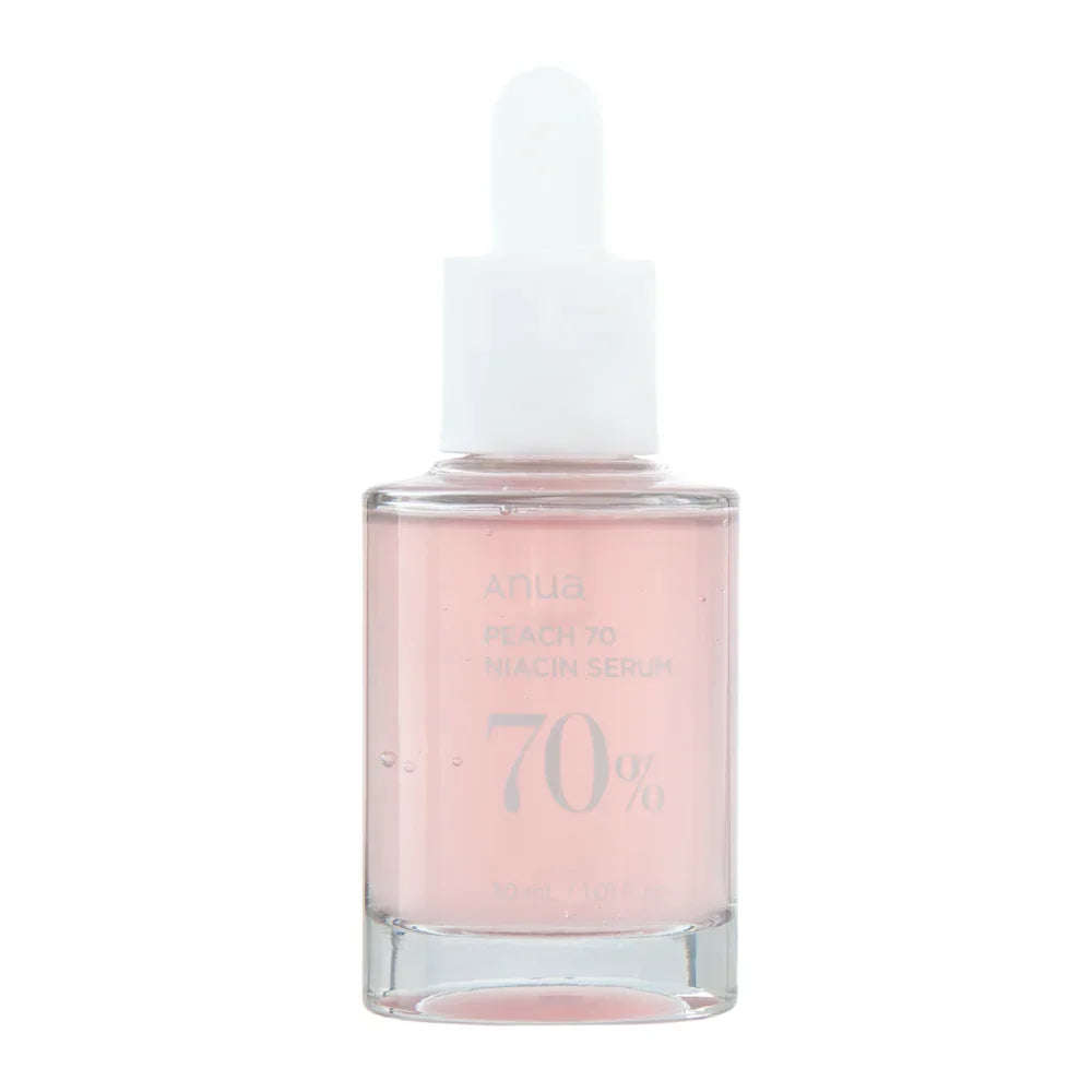 Sérum coreano Anua Peach 70 Niacinamide, frasco transparente com líquido rosa e conta-gotas.