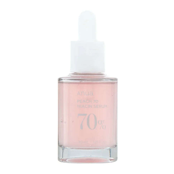 Sérum coreano Anua Peach 70 Niacinamide, frasco transparente com líquido rosa e conta-gotas.