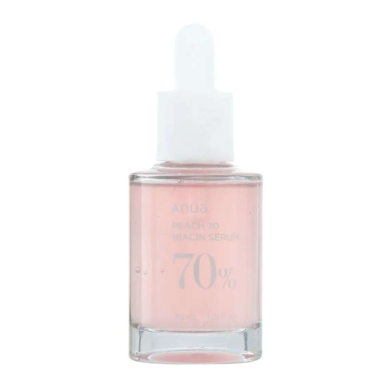 Sérum coreano Anua Peach 70 Niacinamide, frasco transparente com líquido rosa e conta-gotas.