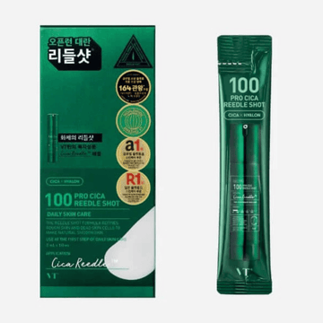 Embalagem e saquetas VT Pro Cica Reedle Shot 100 (10 × 2 ml). Disponível na Glowthie – loja de cosmética coreana em Portugal