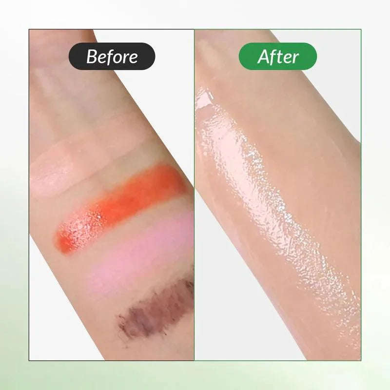 Braço com maquiagem antes e depois da aplicação de removedor coreano de cosméticos