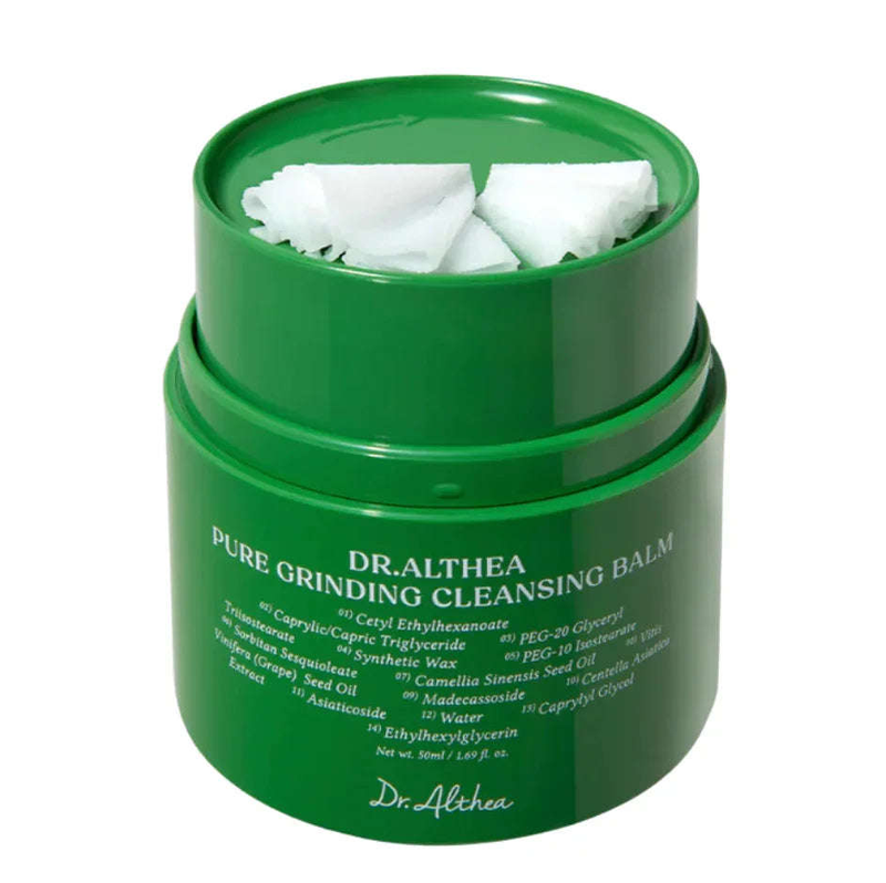Bálsamo de limpeza facial coreano Dr. Althea em pote verde, com textura sólida.