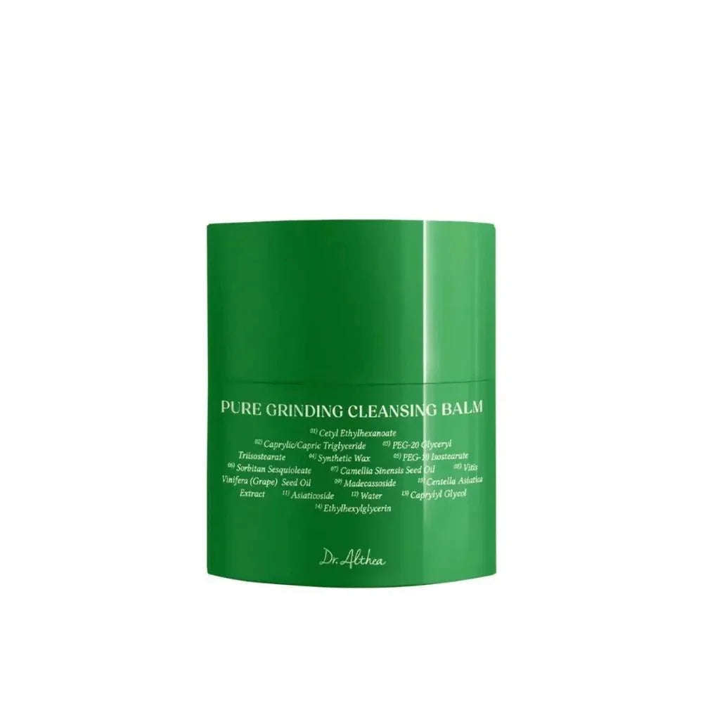 Bálsamo coreano de limpeza facial em pote verde, rotulado Pure Grinding Cleansing Balm.