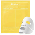 Emabalgem amarelo da Biodance com a máscara facial em folha Radiant Vita Niacinamide, com ilustração branca da máscara. O texto destaca cuidados com manchas escuras e melhoria do tom de pele. Cosmetica Coreana. 