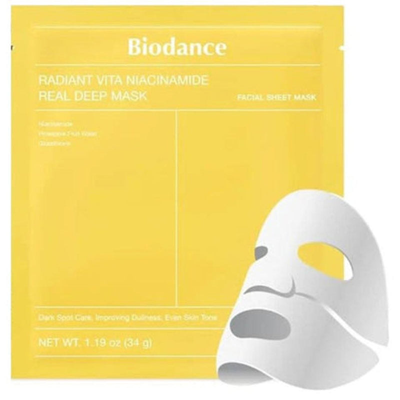 Emabalgem amarelo da Biodance com a máscara facial em folha Radiant Vita Niacinamide, com ilustração branca da máscara. O texto destaca cuidados com manchas escuras e melhoria do tom de pele. Cosmetica Coreana. 