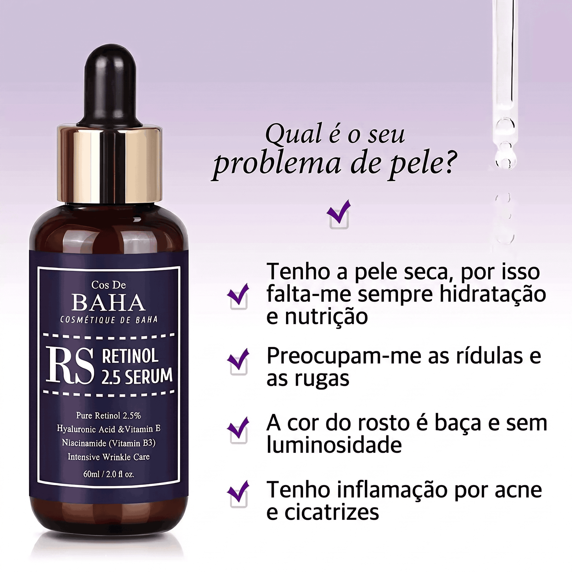 Beneficios do sérum retinol Cos De Baha no rosto