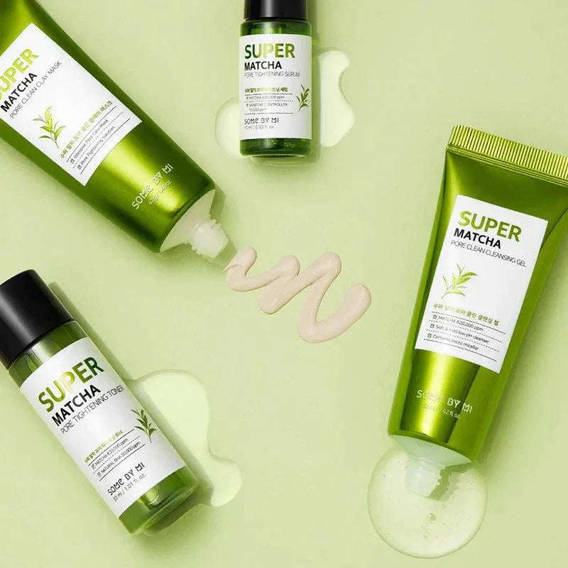 Kit de cuidados com poros Super Matcha Some By Mi com gel, tónico, sérum e máscara coreanos