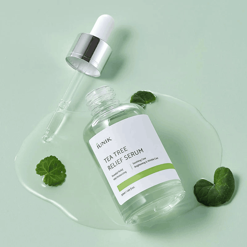 Sérum calmante iUNIK com Tea Tree e Centella Asiática – tratamento diário para peles sensíveis e com excesso de oleosidade.