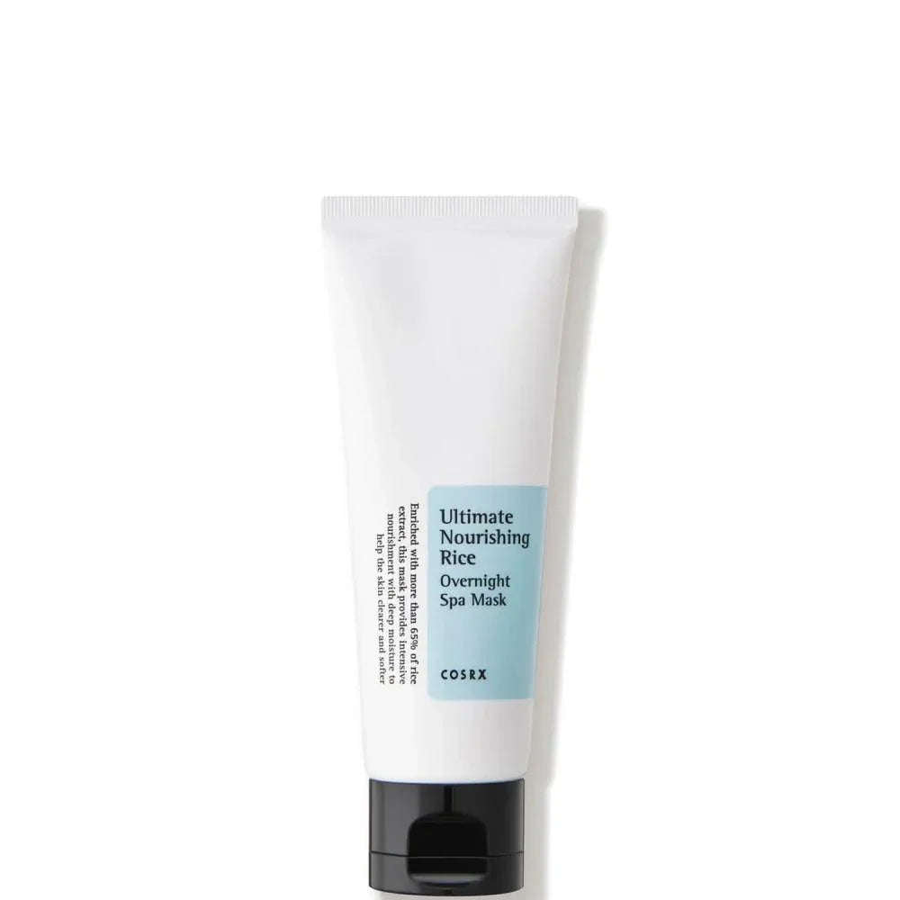 Máscara facial coreana COSRX Ultimate Nourishing Rice para pele, embalagem branca com tampa preta.