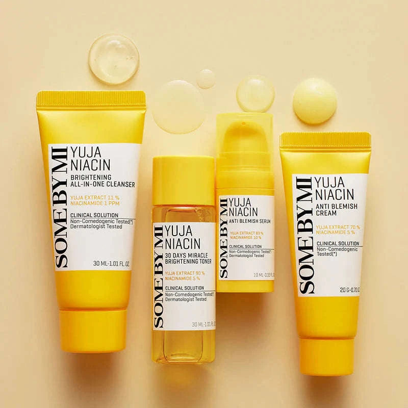 Ingredientes chave do kit Yuja Niacin: yuja, niacinamida, glutationa, arbutina. Disponível na Glowthie – loja de cosmética coreana em Portugal